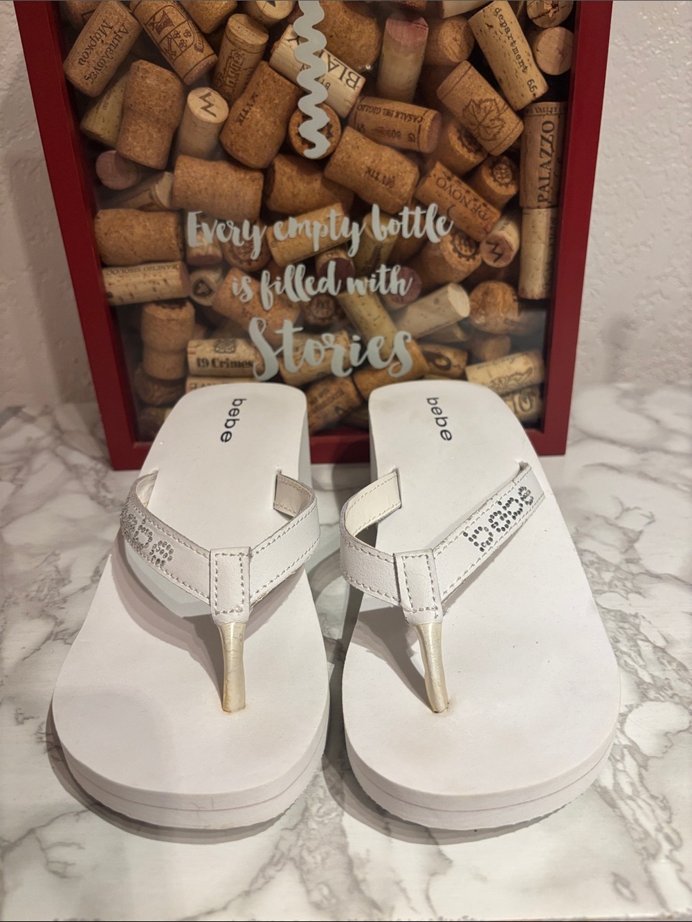 bebe White Platform Thong Sandals with Rhinestone Trim
